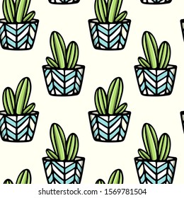 Vector seamless pattern with hand drawn cacti in painted pots. Ink drawing, graphic style. Beautiful floral design elements, perfect for prints and patterns