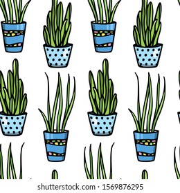 Vector seamless pattern with hand drawn houseplants in painted pots. Ink drawing, graphic style. Beautiful floral design elements, perfect for prints and patterns