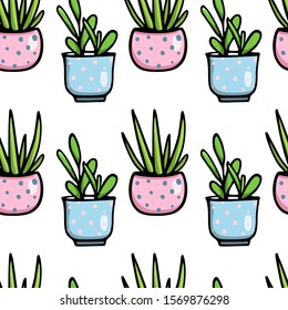 Vector seamless pattern with hand drawn houseplants in painted pots. Ink drawing, graphic style. Beautiful floral design elements, perfect for prints and patterns