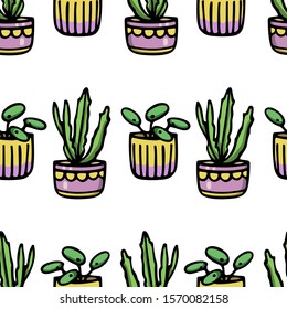 Vector seamless pattern with hand drawn houseplants in painted pots. Ink drawing, graphic style. Beautiful floral design elements, perfect for prints and patterns