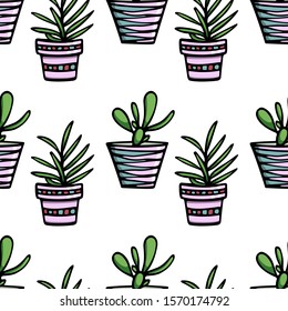 Vector seamless pattern with hand drawn houseplants in painted pots. Ink drawing, graphic style. Beautiful floral design elements, perfect for prints and patterns