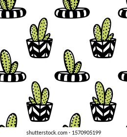 Vector seamless pattern with hand drawn cacti in painted pots. Ink drawing, graphic style. Beautiful floral design elements, perfect for prints and patterns