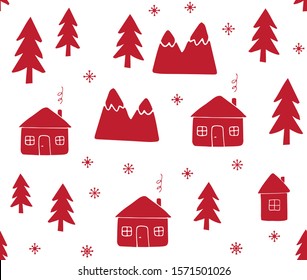 Vector seamless pattern of hand drawn doodle sketch Scandinavian country house and trees isolated on white background. Christmas landscape winter illustration