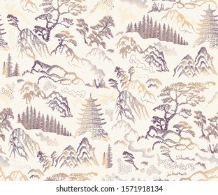 Vector seamless pattern of hand drawn sketches in Japanese and Chinese nature ink illustration sumi-e tradition. Textured fir pine tree, pagoda temple, mountain, river, pond, rock on a beige backgroun