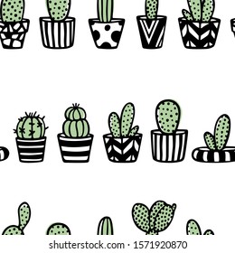 Vector seamless pattern with hand drawn cacti in painted pots. Ink drawing, graphic style. Beautiful floral design elements, perfect for prints and patterns