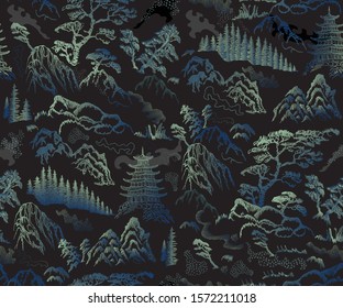 Vector seamless pattern of hand drawn sketches in Japanese and Chinese nature ink illustration sumi-e tradition.Textured fir pine tree, pagoda temple, mountain, river, pond, rock on a black background