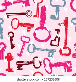 Vector seamless pattern with hand drawn keys collection (old and new)