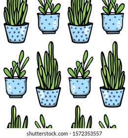 Vector seamless pattern with hand drawn houseplants in painted pots. Ink drawing, graphic style. Beautiful floral design elements, perfect for prints and patterns