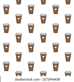 Vector seamless pattern of hand drawn doodle sketch colored take away coffee isolated on white background