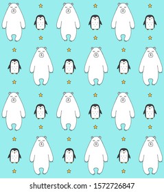 Vector seamless pattern of hand drawn doodle sketch white polar bear and penguin isolated on blue background