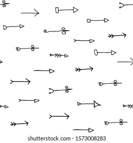 
Vector seamless pattern with hand drawn arrows on white background. Great print  for fabric, wrapping papers, wallpapers, fabric, cover. Doodle style illustration in black ink, outline.

