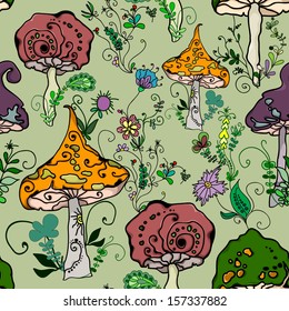 Vector seamless pattern of hand drawn fantasy mushrooms in the forest 