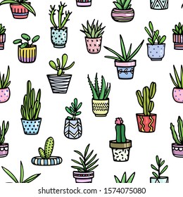 Vector seamless pattern with hand drawn houseplants in painted pots. Ink drawing, graphic style. Beautiful floral design elements, perfect for prints and patterns
