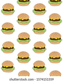 Vector seamless pattern of hand drawn doodle sketch colored burger isolated on white background