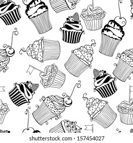 Vector seamless pattern with Hand drawn sweet cupcakes on white background
