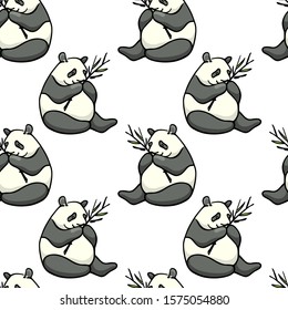 Vector seamless pattern with hand drawn eating pandas. Ink drawing, beautiful animal design elements. Perfect for prints and patterns