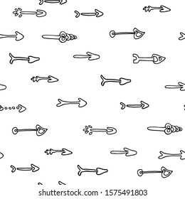 
Vector seamless pattern with hand drawn arrows on white background. Great print  for fabric, wrapping papers, wallpapers, fabric, cover. Doodle style illustration in black ink, outline.
