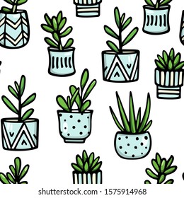 Vector seamless pattern with hand drawn houseplants in painted pots. Ink drawing, graphic style. Beautiful floral design elements, perfect for prints and patterns