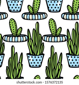 Vector seamless pattern with hand drawn cacti in painted pots. Ink drawing, graphic style. Beautiful floral design elements, perfect for prints and patterns