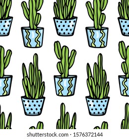 Vector seamless pattern with hand drawn cacti in painted pots. Ink drawing, graphic style. Beautiful floral design elements, perfect for prints and patterns