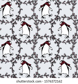 Vector seamless pattern with hand drawn cute penguins skating on ice  in pine wreath. Ink drawing, funny illustration, beautiful design elements. Perfect for prints and patterns