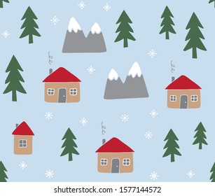 Vector seamless pattern of hand drawn doodle sketch Scandinavian country houses and landscapes isolated on blue background