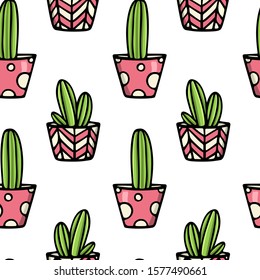 Vector seamless pattern with hand drawn cacti in painted pots. Ink drawing, graphic style. Beautiful floral design elements, perfect for prints and patterns