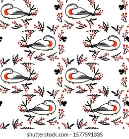 Vector seamless pattern with hand drawn cute sleeping robins in winter floral wreath. Ink drawing, beautiful Christmas design elements. Perfect for prints and patterns