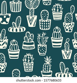 Vector seamless pattern with hand drawn cacti in painted pots. Ink drawing, graphic style. Beautiful floral design elements, perfect for prints and patterns
