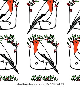 Vector seamless pattern with hand drawn cute robins in winter floral wreath. Ink drawing, beautiful Christmas design elements. Perfect for prints and patterns