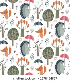 Vector seamless pattern with hand drawn wild forest animals with umbrellas, leaves, trees. Colorful autumn endless background for textile, wrapping paper, preschool and children room decoration