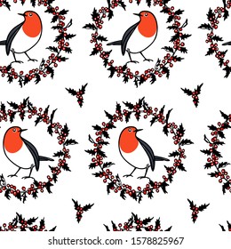 Vector seamless pattern with hand drawn cute robins in winter floral wreath. Ink drawing, beautiful Christmas design elements. Perfect for prints and patterns