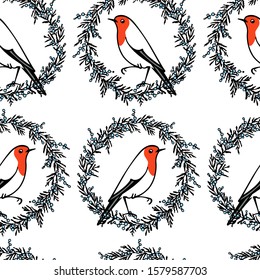 Vector seamless pattern with hand drawn cute robins in winter floral wreath. Ink drawing, beautiful Christmas design elements. Perfect for prints and patterns