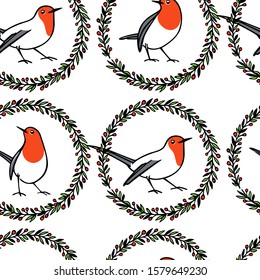 Vector seamless pattern with hand drawn cute robins in winter floral wreath. Ink drawing, beautiful Christmas design elements. Perfect for prints and patterns