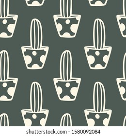 Vector seamless pattern with hand drawn cacti in painted pots. Ink drawing, graphic style. Beautiful floral design elements, perfect for prints and patterns