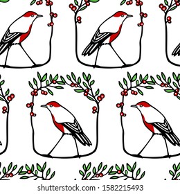 Vector seamless pattern with hand drawn red-breasted birds in barberry wreath made with ink. Beautiful Christmas and New Year design elements, perfect for prints and patterns