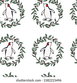 Vector seamless pattern with hand drawn cute penguins skating on ice  in winter floral wreath. Ink drawing, funny illustration, beautiful design elements. Perfect for prints and patterns