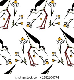 Vector seamless pattern with hand drawn cute black-necked stilts with floral elements. Beautiful animal design elements, ink drawing, perfect for prints and patterns