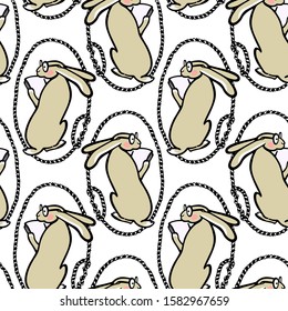 Vector seamless pattern with hand drawn sweet reading hare in nautical rope frame. Beautiful ink drawing, perfect for prints and patterns