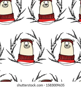 Vector seamless pattern with hand drawn cute polar bear in knitted hat and sweater in floral wreath. Funny design elements, animal illustration, ink drawing. Perfect for prints and patterns