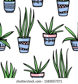 Vector seamless pattern with hand drawn houseplants in painted pots. Ink drawing, graphic style. Beautiful floral design elements, perfect for prints and patterns