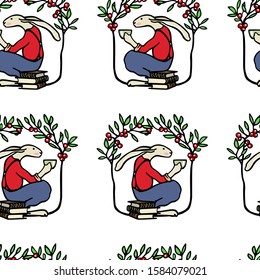 Vector seamless pattern with  hand drawn drinking tea on stack of books in floral wreath. Beautiful ink drawing, perfect for prints and patterns