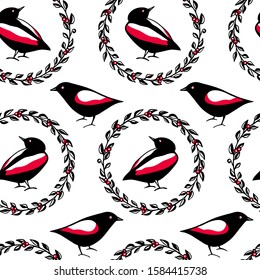 Vector seamless pattern with hand drawn cute birds in red berry wreath made with ink. Beautiful animal and Christmas design elements. Perfect for prints and patterns