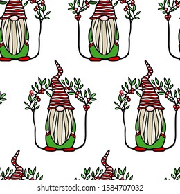 Vector seamless pattern with hand drawn cute Christmas gnomes in high cap in floral laurel with red berries. Ink drawing, funny illustration, beautiful Christmas design elements.