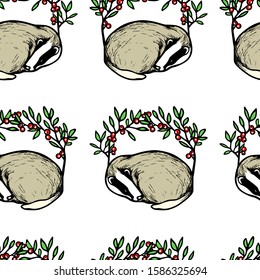 Vector seamless pattern with hand drawn badgers in floral red berry wreath made with ink. Beautiful animal design elements, perfect for prints and patterns