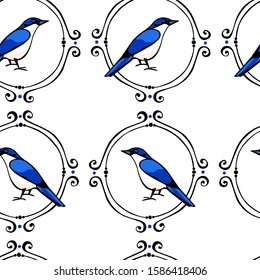 Vector seamless pattern with hand drawn cute blue bird in vintage frame wreath made with ink. Beautiful animal design elements. Perfect for prints and patterns