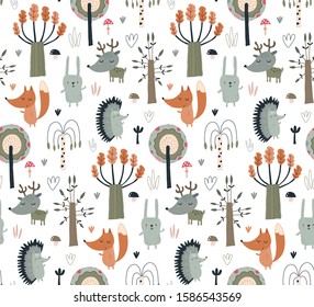 Vector seamless pattern with hand drawn wild forest animals and trees. Colorful endless background for textile, wrapping paper, cards, invitations, preschool and children room decoration
