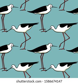 Vector seamless pattern with hand drawn cute black-winged stilts. Beautiful animal design elements, ink drawing, perfect for prints and patterns