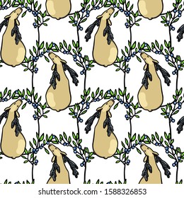 Vector seamless pattern of hand drawn cute deer in blueberry frame. Beautiful ink drawing, sweet animal illustration. Perfect for prints and patterns