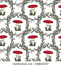 Vector seamless pattern with hand drawn poisonous wild fungus Amanita in floral wreath. Ink drawing, graphic style. Beautiful design elements.